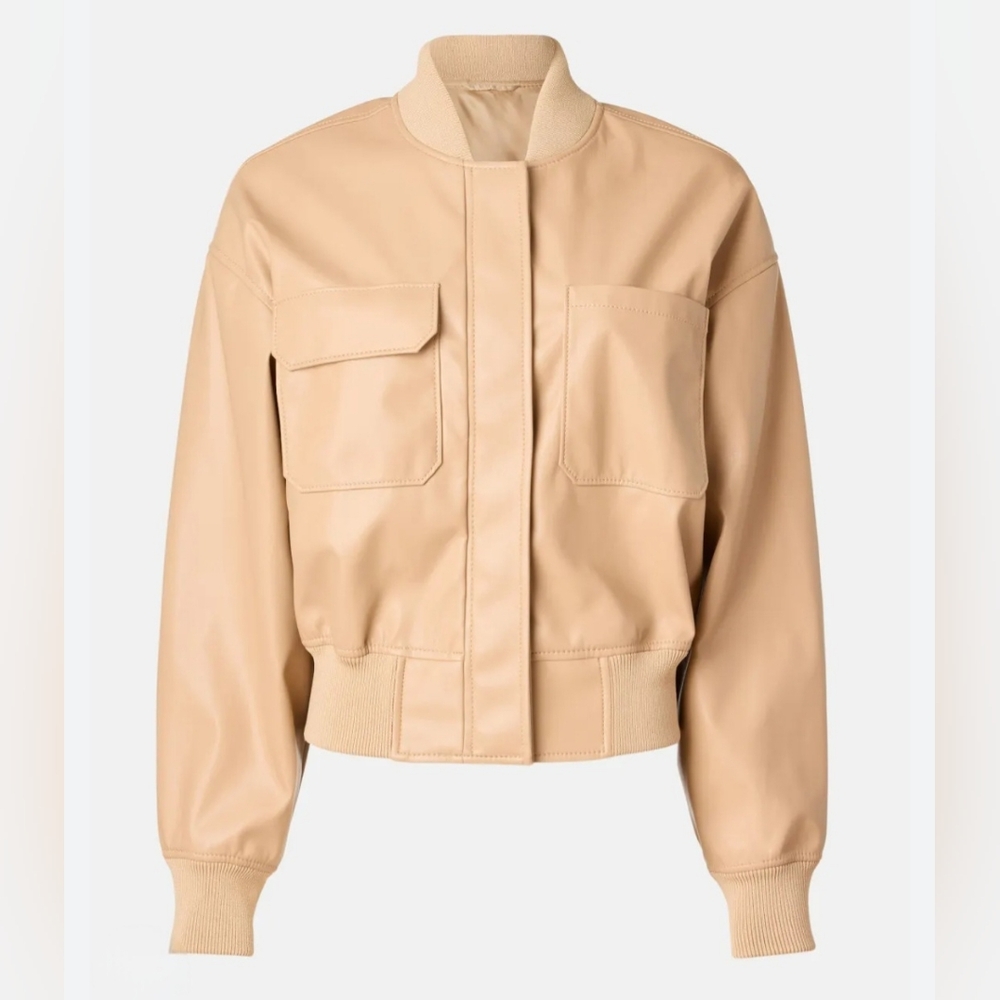 3.1 Phillip Lim Women's Faux Leather Mixed Pocket Beige Bomber Jacket